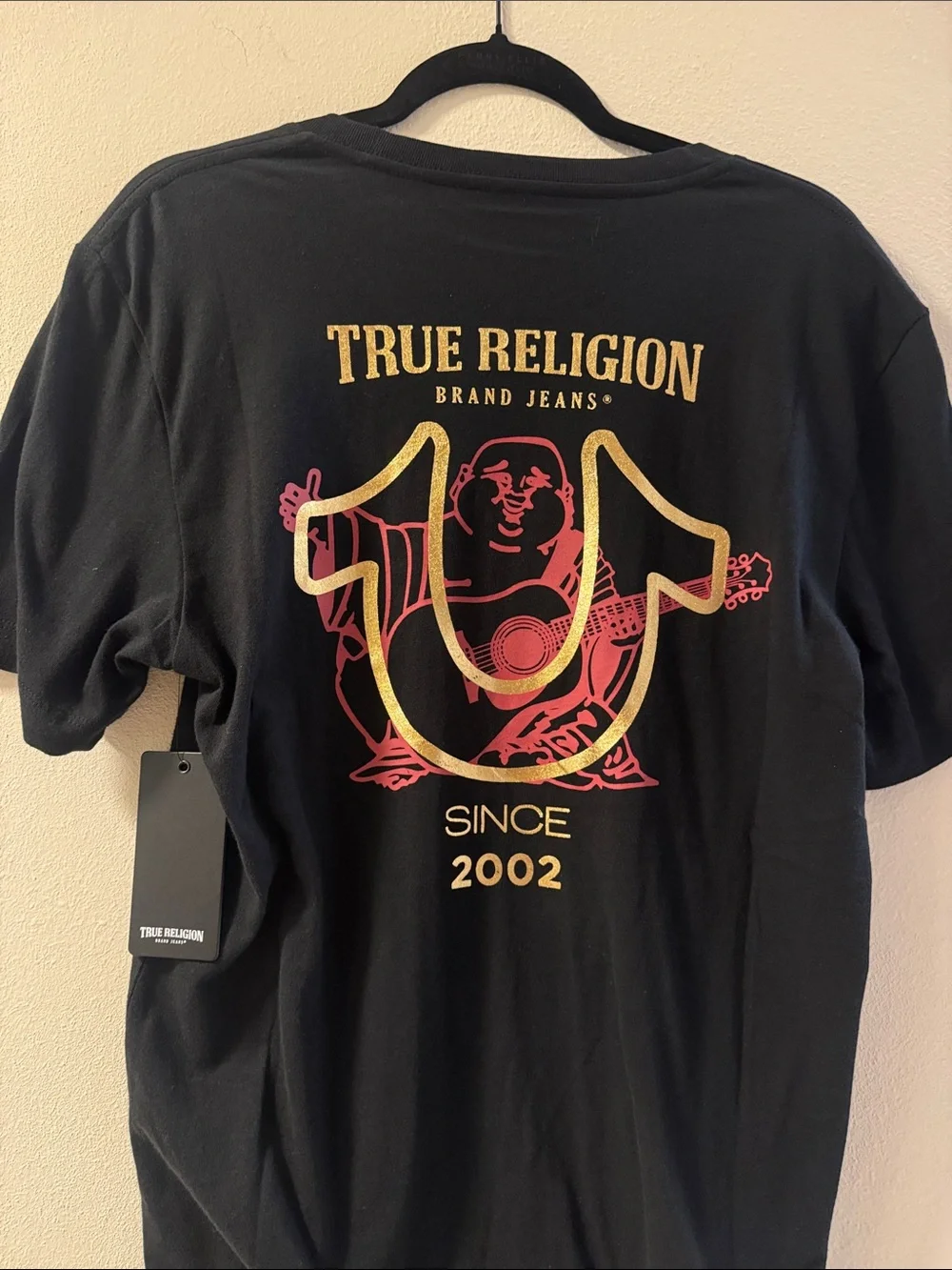 True Religion Black Tee with Gold Horseshoe Logo